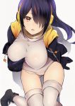  1girl absurdres akechi_shizuku black_hair blush boots breasts brown_eyes emperor_penguin_(kemono_friends) erect_nipples hair_over_one_eye headphones highres hood hoodie kemono_friends large_breasts leotard long_hair looking_at_viewer multicolored_hair open_mouth self_fondle simple_background sitting solo thigh-highs white_background white_legwear white_leotard 