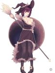 1girl bare_shoulders black_shoes boots breasts broom buckle_boots cleavage hand_on_headwear hat large_breasts logo looking_at_viewer no_bra pigeon-toed print_legwear red_eyes saltyicecream shoes short_hair simple_background solo standing star star_print thigh-highs white_background witch witch_hat 