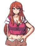  1girl blue_eyes breasts character_request cleavage female large_breasts long_hair midriff mound_of_venus navel pants redhead shirt simple_background sketch solo source_request standing umigarasu_(magipro) upper_body white_background 