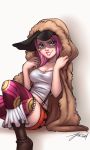 1girl ajamariesart breasts cleavage grin jewelry_bonney lipstick long_hair looking_at_viewer makeup one_piece pink_hair sitting smile solo violet_eyes 