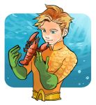  1boy aqua_man aquaman_(series) belt blonde_hair blue_eyes dc_comics gloves green_gloves imo_(ume_syrop) lobster lowres male_focus scale_armor solo underwater water 