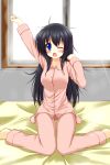  1girl ;o air_punch arm_up bed black_hair blue_eyes highres kneeling long_hair looking_at_viewer one_eye_closed open_mouth original pajamas sogaya solo stretch waking_up window 