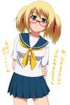  1girl aqua_eyes blonde_hair blush frown glasses hair_ribbon hayashi_custom looking_at_viewer open_mouth original pleated_skirt red-framed_glasses ribbon school_uniform senjugiku_tabane serafuku short_hair simple_background skirt solo standing translation_request twintails white_background 