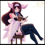  black_hair book breasts fairy_tail hairband headband horn horns large_breasts legs_crossed long_hair off_shoulder reading red_eyes seilah_(fairy_tail) sitting stool tattoo thigh-highs toeless_legwear 