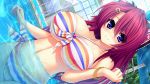  1girl bikini blue_eyes blush breasts collarbone game_cg hair_ribbon huge_breasts long_hair looking_at_viewer navel partially_submerged pink_hair ponytail pool ribbon smile solo standing swimsuit syroh water wet yakimochi_stream 