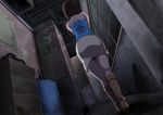  1girl ass back bare_shoulders boots brown_hair butcha-u from_behind jill_valentine legs looking_away resident_evil resident_evil_3 short_hair skirt solo standing tank_top thighs trash_can walking 