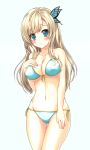  1girl 3: bikini blonde_hair blue_eyes blush boku_wa_tomodachi_ga_sukunai breasts butterfly_hair_ornament cleavage front-tie_top hair_ornament highres kashiwazaki_sena large_breasts long_hair looking_at_viewer navel side-tie_bikini sogaya solo swimsuit thigh_gap 