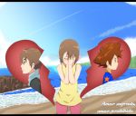  1girl 2boys beach brown_eyes brown_hair closed_eyes crying digimon digimon_adventure highres multiple_boys yagami_hikari yagami_taichi 