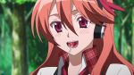  1girl akame_ga_kill! blush brown_hair candy chelsea_(akame_ga_kill!) lollipop long_hair red_eyes smile solo standing stitched 