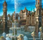  blue_sky building clouds column fountain gargoyle highres landscape moss no_humans ornate outdoors palace pillar scenery sky stained_glass stairs statue tower tree uchio_kazumasa water 
