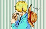 1boy blonde_hair character_name cigarette hat lillil_(1212neko) male_focus one_piece sanji smoking solo stampede_string straw_hat vertical-striped_background 