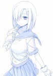  1girl breasts gloves hair_over_one_eye hamakaze_(kantai_collection) himura_kiseki kantai_collection large_breasts monochrome school_uniform serafuku short_hair skirt smile solo white_gloves 