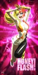  1girl blonde_hair breasts character_name cutie_honey female full_body gradient gradient_background kisaragi_honey kit redhead solo transformation 