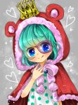  1girl :q alice-sweets-0127 animal_ears aqua_hair blue_eyes cape crown donquixote_pirates dressrosa heart hood hoodie licking_lips one_piece polka_dot red_cape smile solo sugar_(one_piece) tongue tongue_out 