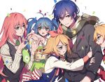  2boys 3girls ? ahoge bangs birthday blonde_hair blue_eyes blue_hair blush bow breasts cake confetti crowded dress eyelashes food fruit green_eyes green_hair hair_between_eyes hair_bow hatsune_miku hug jewelry kagamine_len kagamine_rin kaito long_hair long_sleeves looking_at_another megurine_luka multiple_boys multiple_girls necktie open_mouth pink_hair ring scarf shirt short_hair skirt smile standing strawberry vocaloid white_background 
