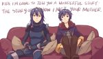  blue_hair brother_and_sister couch fire_emblem fire_emblem:_kakusei hairband hood how_i_met_your_mother looking_at_viewer lucina mark_(fire_emblem) parody pillow red_upholstery siblings simple_background sitting 