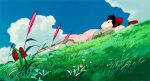  1girl 80s animated animated_gif black_hair bloomers blush bow flower grass hair_bow hairband kiki majo_no_takkyuubin radio solo studio_ghibli underwear wind 