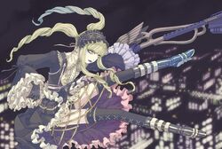  atrium_(artist) blonde_hair blue_hair boots gloves gothic_lolita grasshopper_manufacture gun headdress high_heel_boots high_heels lipstick lolita_fashion makeup margaret_moonlight no_more_heroes no_more_heroes_2 pale_skin thigh-highs weapon 