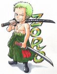  1boy character_name chibi dual_wielding green_hair male_focus marker_(medium) moamoa_(etsu1443) one-eyed one_piece robe roronoa_zoro smile solo sword traditional_media weapon 