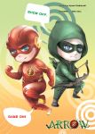  2boys archer arrow barry_allen blue_eyes bow_(weapon) chibi dc_comics flash_(series) green_arrow green_arrow_(series) hood lightning_bolt marksman mask multiple_boys oliver_queen running the_flash weapon 