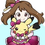  brown_eyes brown_hair dress kotomi_(happy_colors) looking_at_viewer pikachu pokemon smile 