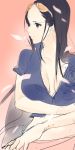  1girl black_hair blue_eyes blue_shirt breasts center_opening collarbone crop_top glasses glasses_on_head hair_slicked_back leenim long_hair looking_to_the_side midriff nico_robin no_bra one_piece open_clothes open_shirt petals pink_skirt profile revealing_clothes sarong shirt short_sleeves sketch skirt solo sunglasses sunglasses_on_head unzipped upper_body zipper 