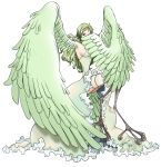  0406_100 1girl alternate_costume breasts covering_face domi donquixote_pirates dress feathered_wings frilled_dress frills green_hair harpy highres large_breasts long_hair monet_(one_piece) monster_girl one_piece sideboob signature sitting solo thigh-highs thigh_strap wavy_hair wings yellow_eyes 