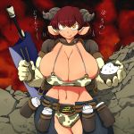  1girl animal_ears breasts cow_ears cow_girl cow_print curvy eating female food gloves hataraki_ari horns huge_breasts original panties pants redhead rice solo standing sword tank_top translation_request underwear weapon wide_hips yellow_eyes 