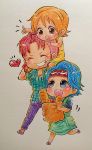  bellemere blue_hair carrying chibi family graphite_(medium) mohawk mother_and_daughter nami_(one_piece) nojiko one_piece onexone orange_hair pink_hair ponytail siblings sisters traditional_media younger 