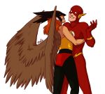  1boy 1girl belt bird_wings black_legwear bodysuit dc_comics flash_(series) hawkgirl helmet justice_league mask the_flash wally_west wings 
