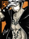  1boy aya character_name hat hat_over_one_eye male_focus nodachi one_piece open_clothes open_shirt sheathed_sword shirt solo tattoo trafalgar_law 