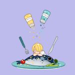  1boy blonde_hair cheese_ming fish food male_focus one_piece plate sanji seasoning solo 