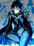  bayonetta bayonetta_(character) black_hair glasses gun short_hair weapon wink 