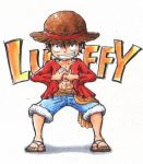  1boy black_hair character_name clenched_hand denim denim_shorts hat male_focus marker_(medium) moamoa_(etsu1443) monkey_d_luffy one_piece open_clothes open_shirt red_shirt sandals scar shirt shorts solo straw_hat teeth traditional_media 