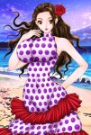  1girl bad_anatomy beach breasts brown_hair dress earrings female flower hair_flower hair_ornament huge_breasts impossible_clothes impossible_dress jewelry lipstick long_hair looking_at_viewer makeup mariel-nymphaea-f ocean one_piece outdoors red_eyes red_lipstick skin_tight solo viola_(one_piece) water 