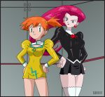  agent_aika black_delmo cleavage_cutout cosplay delmo delmo_(cosplay) dress gold_delmo hands_on_hips kasumi_(pokemon) latex miniskirt musashi_(pokemon) pokemon shiny short_dress skin_tight skirt thigh-highs uniform 