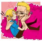  2boys blonde_hair donquixote_doflamingo feathers male_focus multiple_boys one_piece sanji sasanoha112233 sunglasses tongue 