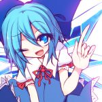  1girl bad_hands bad_proportions blue_eyes blue_hair bow cirno hair_bow ice ice_wings kuresento one_eye_closed open_mouth pointing solo touhou white_background wings 