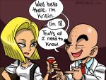  1boy 1girl alcohol android_18 bald bar blonde_hair blue_eyes cup dragon_ball dragonball_z eyebrows height_difference jewelry kuririn looking_at_another necklace necktie pearl_necklace red_necktie short_hair suit thick_eyebrows white_suit wine wine_glass 