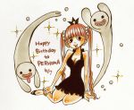  1girl :p bangs black_dress blunt_bangs breasts character_name cleavage dress ghost happy_birthday legs long_hair nanako_(skr7k) one_piece perona pink_hair sitting solo tongue tongue_out traditional_media twintails very_long_hair 