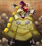  1boy 1girl big_band blue_eyes cyborg dark_skin fedora gloves grin hat mechanical_arms orange_hair peacock_(skullgirls) red_eyes robotoco short_hair skullgirls smile teeth top_hat trench_coat 