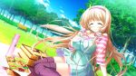  1girl bench blonde_hair closed_eyes food game_cg julia_lin_road long_hair magical_marriage_lunatics!! park picnic picnic_basket solo thermos thigh-highs tree twintails yamakaze_ran 