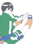  1boy black_hair bowl_cut eyebrows looking_at_viewer male_focus naruto rock_lee sandals short_hair simple_background sitting solo sweat take_(gnzr23) white_background 