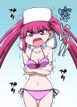  1girl bikini bleach breasts cleavage cold crossed_arms dokugamine_riruka fingernails green_nails hanya_(hanya_yashiki) hat long_hair midriff nail_polish navel open_mouth purple_hair side-tie_bikini solo swimsuit translation_request trembling twintails violet_eyes 