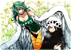  1374597 1boy 1girl facial_hair frown green_hair harpy hat long_hair monet_(one_piece) monster_girl one_piece trafalgar_law wings 