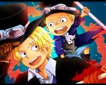  1boy blonde_hair cravat dual_persona gloves hat male_focus multiple_persona one_piece pole sabo_(one_piece) top_hat weapon 