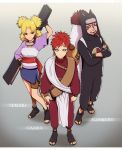  1girl 2boys blonde_hair brother_and_sister brothers character_name crossed_arms facepaint facial_mark fan fingerless_gloves fishnet_shirt forehead_protector gaara gloves gourd hand_on_hip hat kankuro layered_clothes multiple_boys naruto quad_tails quadtails redhead sandals sash shueisha siblings skirt teeth temari trio 