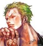  1boy artist_name character_name earrings frown green_hair jewelry male_focus one_piece roronoa_zoro scar signature solo tsuyomaru 