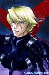  1boy blonde_hair blue_eyes character_name gundam gundam_side_story:_the_blue_destiny male_focus nimbus_schterzen pilot_suit solo zenius zoom_layer 