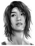  1girl bangs batman_(series) cassandra_cain dark_skin dc_comics female greyscale lips monochrome parted_bangs portrait realistic reza_kabir short_hair smile solo tank_top upper_body 